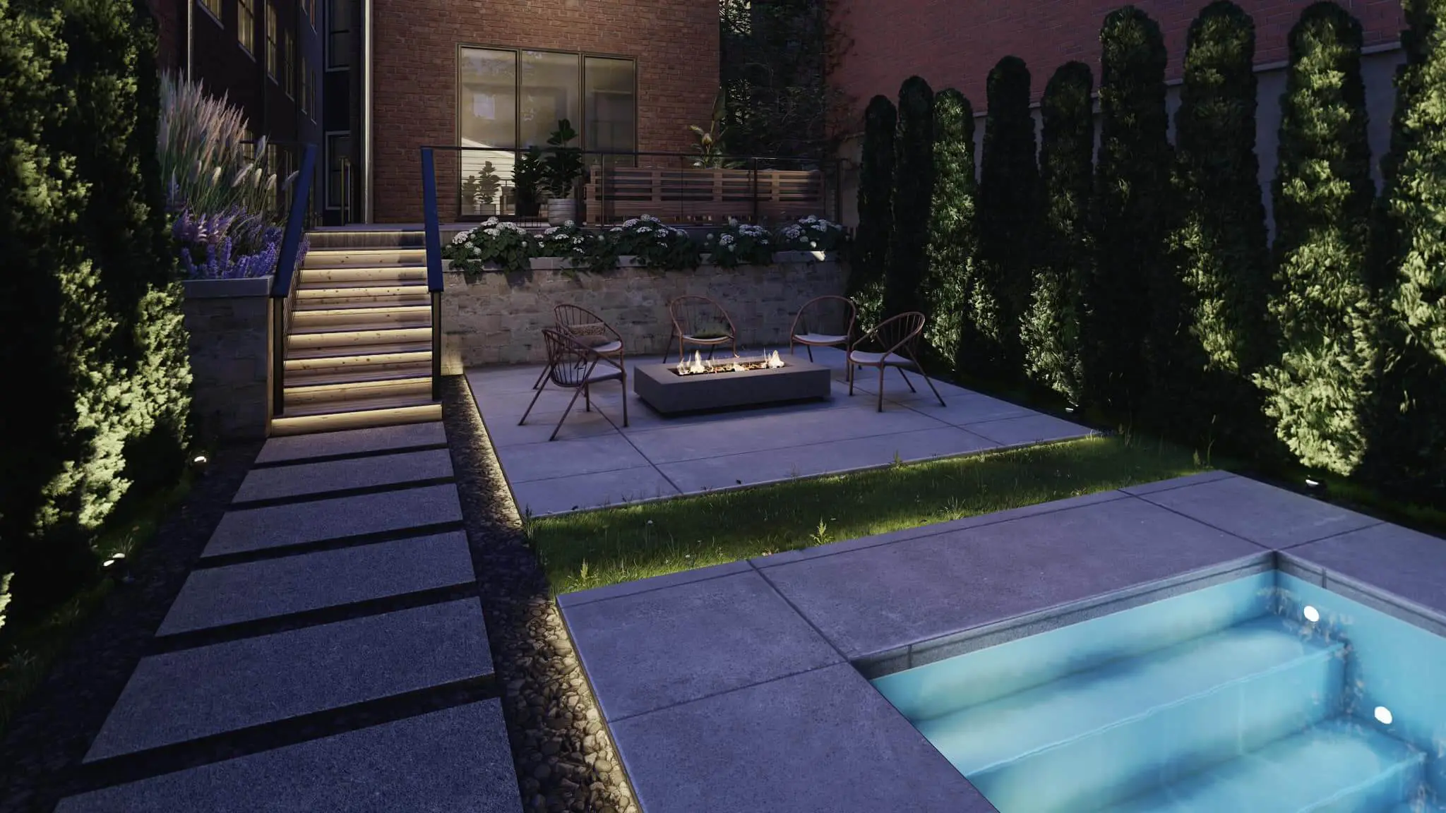 3D night rendering of a modern backyard with fire pit, illuminated steps, and plunge pool