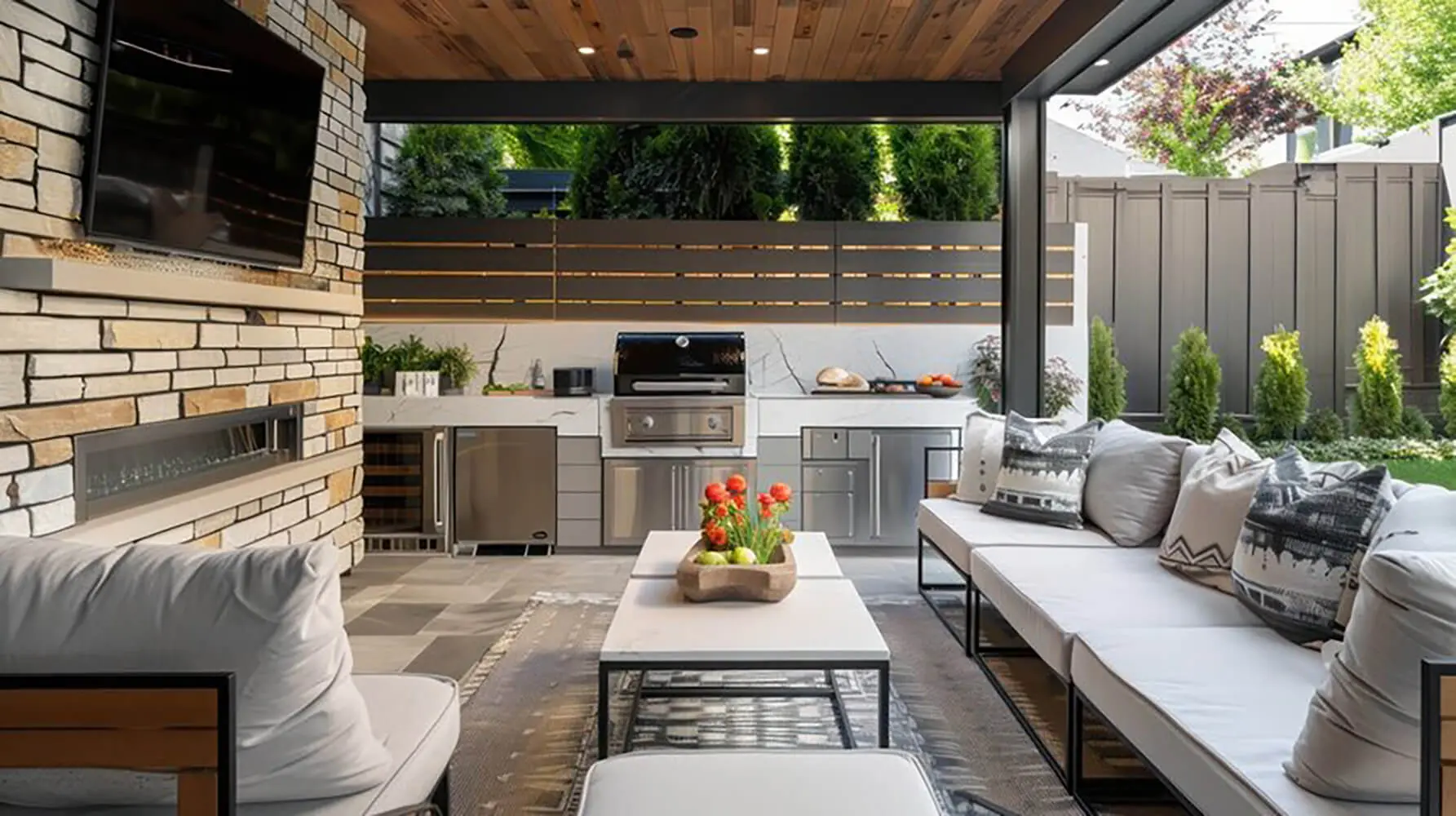 Luxury outdoor living space showing how to plan a luxury outdoor living project with financing in mind, featuring a covered patio, outdoor kitchen, fireplace, and modern seating area.