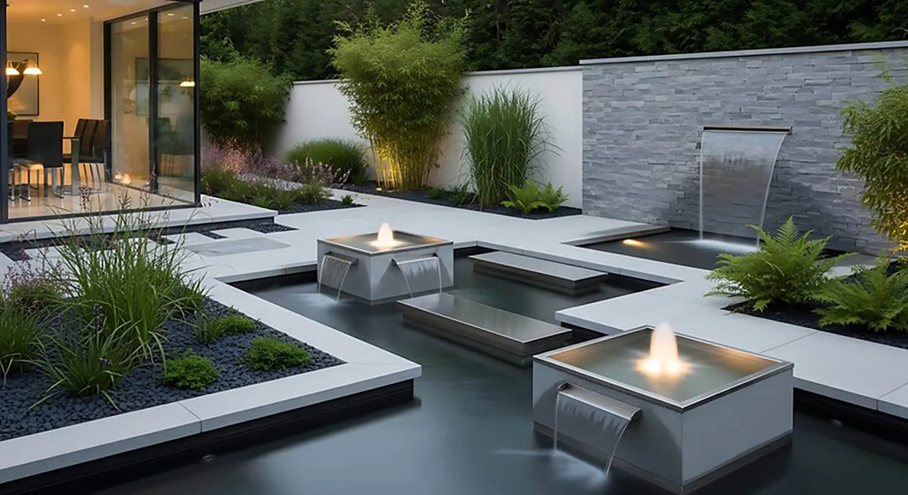 Luxury water feature design ideas featuring a modern backyard with sleek architectural water features, clean concrete surfaces, and integrated landscaping.