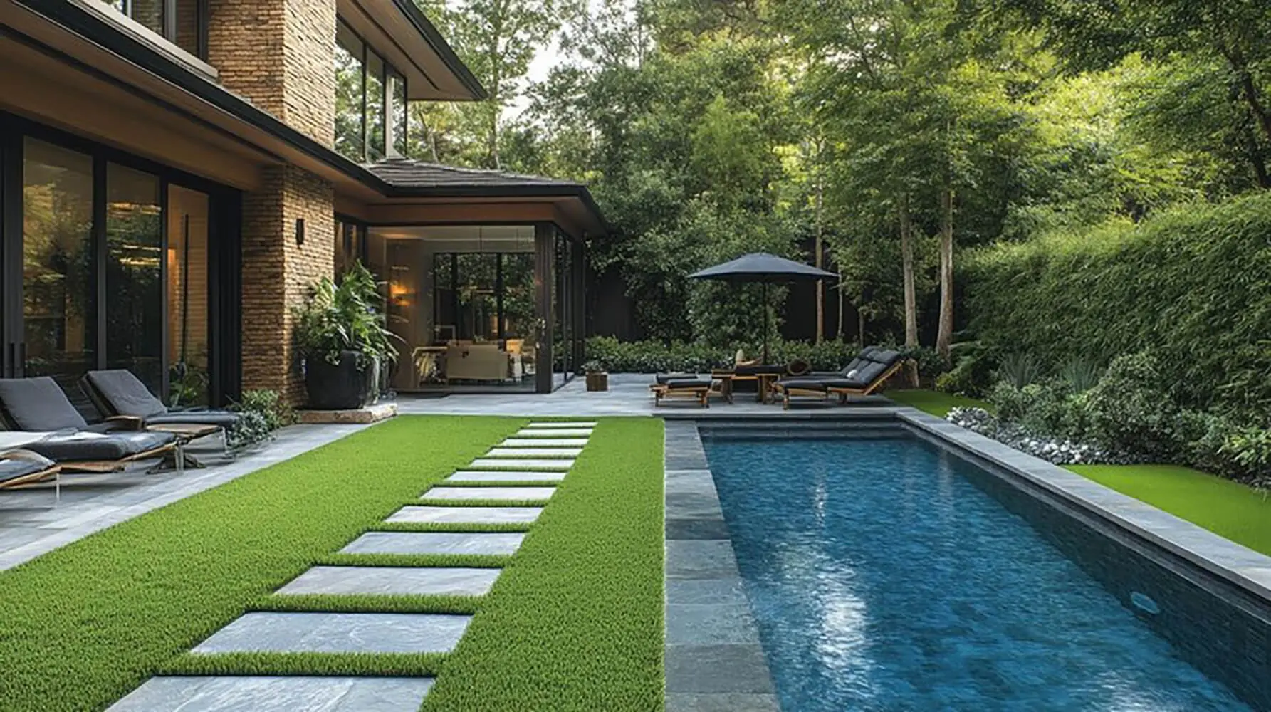 Luxury outdoor living space with linear pool and indoor-outdoor connection in Napa Valley