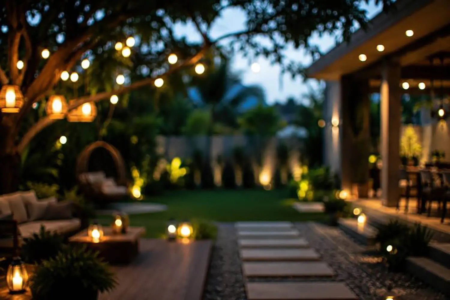 A luxury outdoor landscape at night showcasing layered outdoor lighting design ideas for luxury landscapes including string lights pathway lighting and uplighting