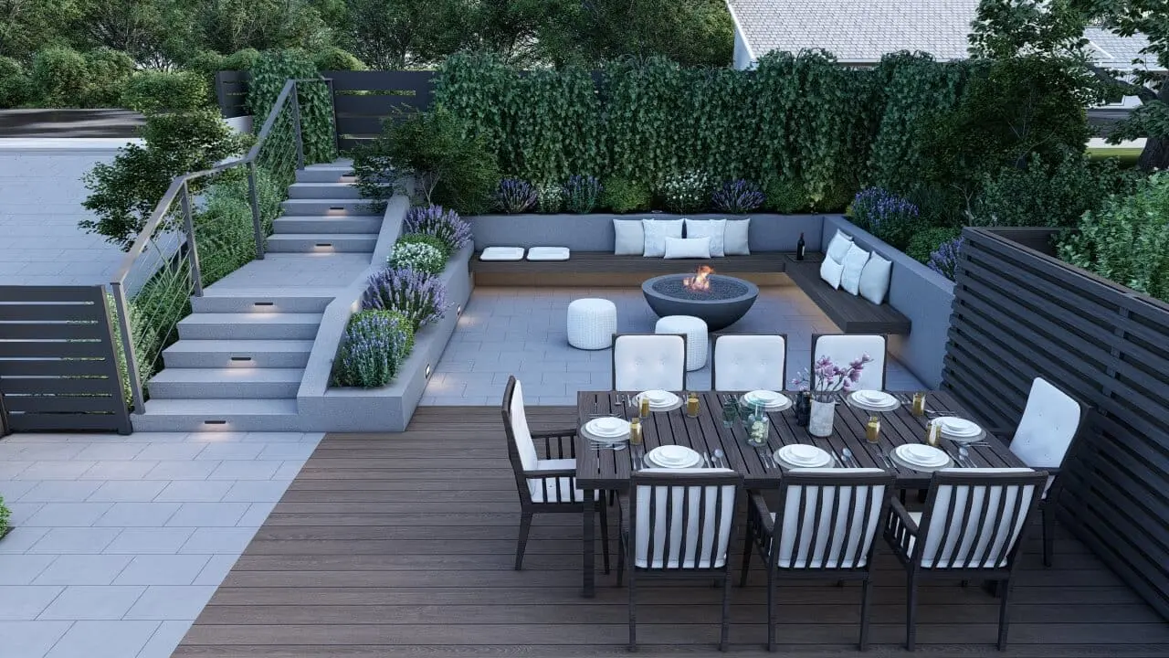 3D rendering of a tiered rooftop patio by Keystone Yards, with a built-in fire bowl, built-in bench seating, a wood dining table, and lit stone steps past raised lavender planters.