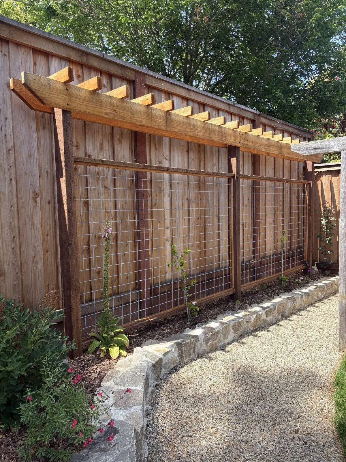 Custom wooden fence with integrated trellis, stone pathway edging, and professional carpentry work by Keystone Yards in Napa CA