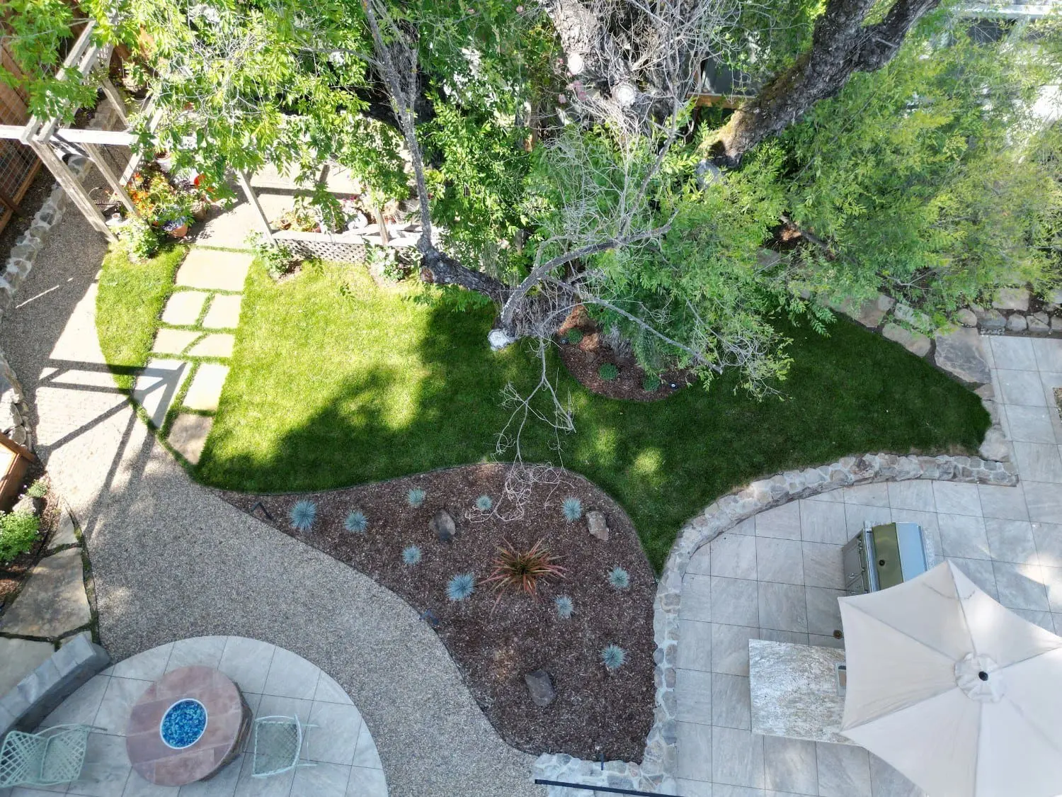 Aerial view of a backyard by Keystone Yards with a curved turf lawn under a mature oak, a river-rock retaining wall, an agave planting bed, a stone fire pit patio, and an outdoor kitchen with umbrella seating.
