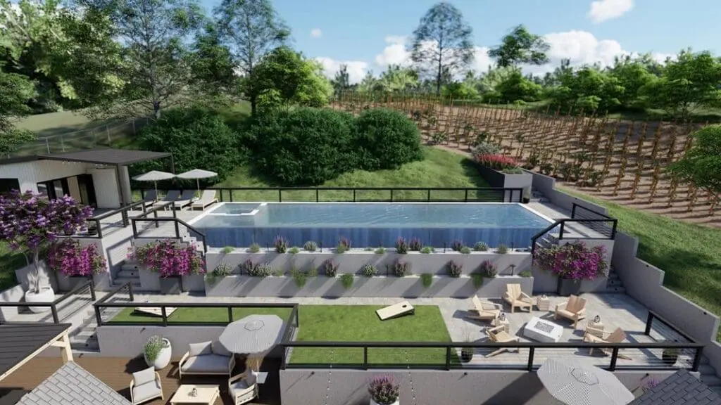 3D design rendering of a multi-level backyard by Keystone Yards, with a raised infinity-edge pool, lounge chairs, a fire pit seating area, cornhole lawn, and terraced patios overlooking a vineyard hillside.