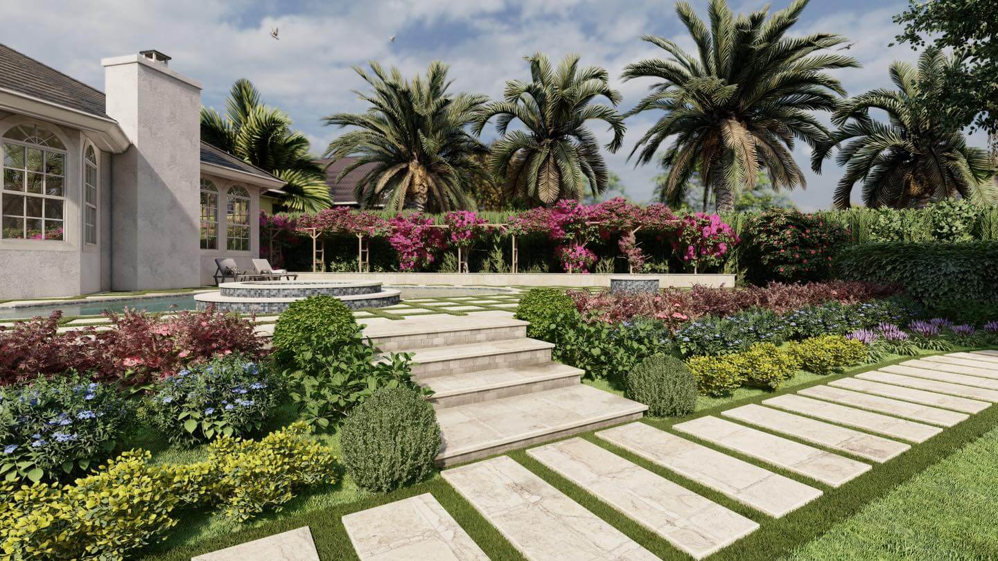 3D landscape design rendering of a tropical backyard with stone pathway, colorful garden beds, and pool