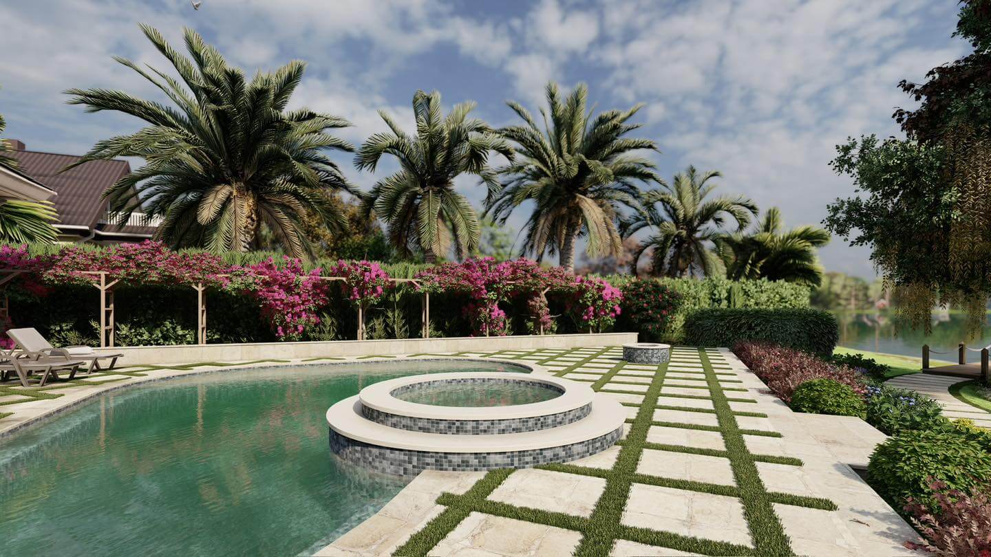 3D landscape rendering of a luxury pool with spa, palm trees, and tropical flower garden