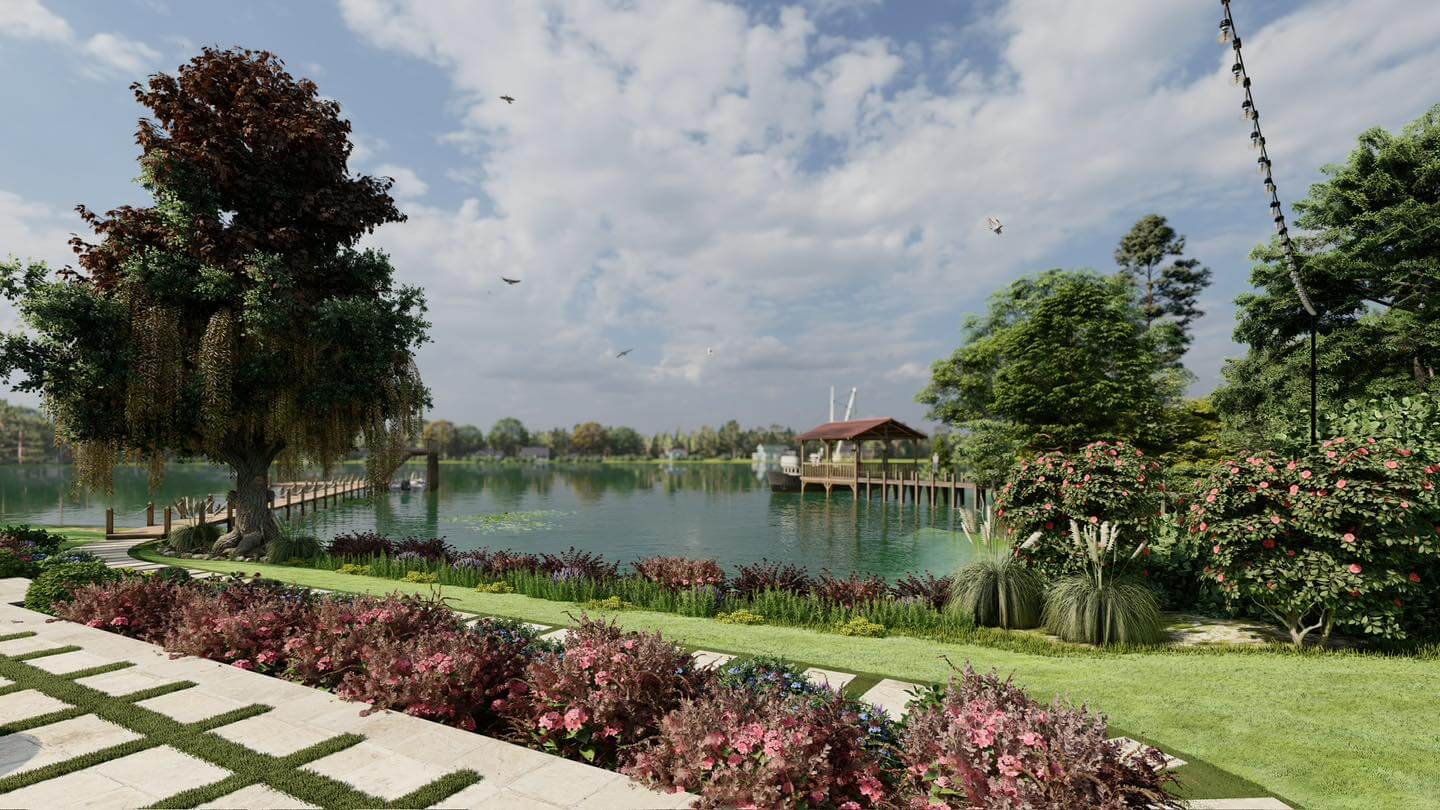 3D landscape design rendering of a lakeside garden with colorful flower beds and a dock gazebo