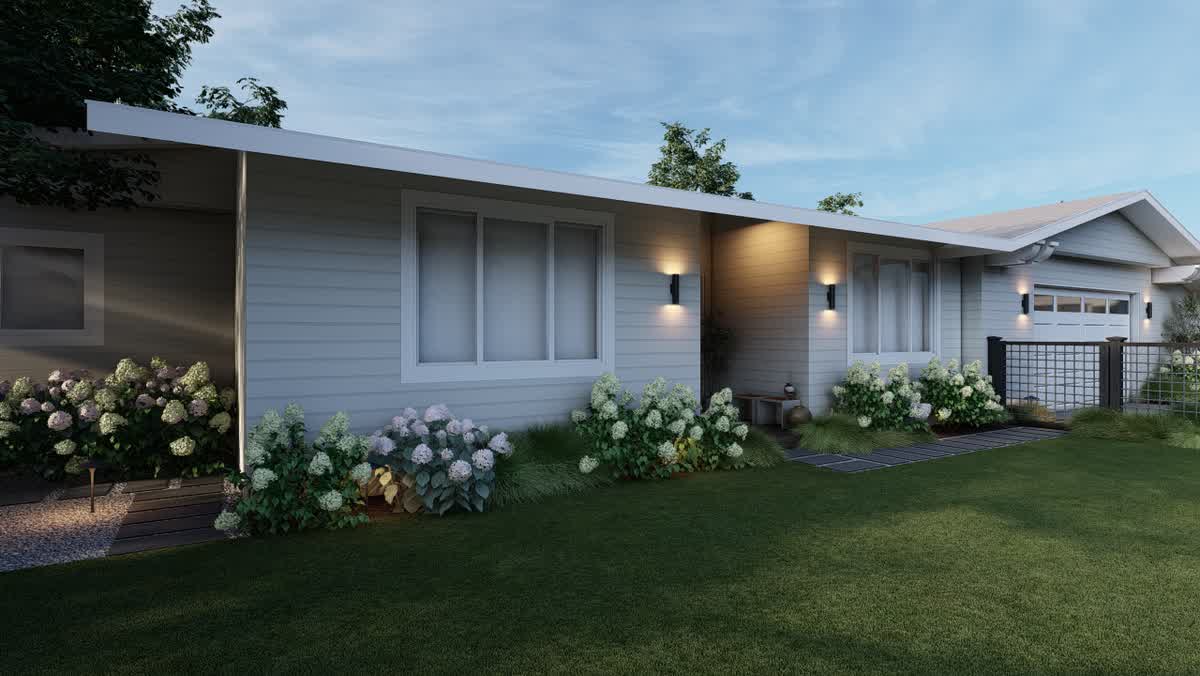 3D landscape design rendering for a modern home in Napa, CA featuring custom front yard landscaping, lighting, and flower beds.