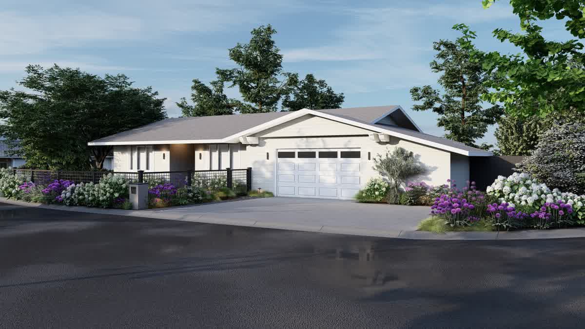 3D landscape design rendering for a residential home in Napa featuring a modern house, paved driveway, and vibrant purple flower beds.