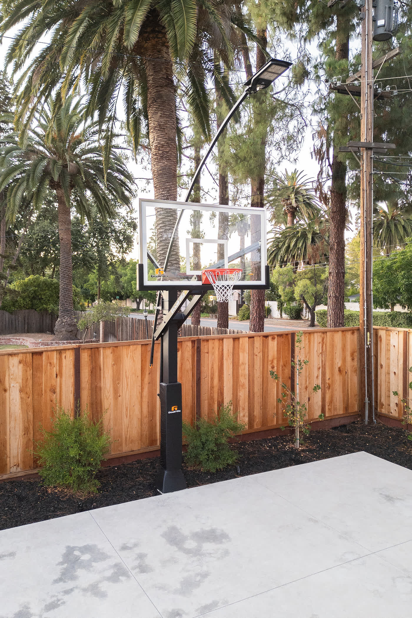 Custom backyard landscape design featuring a concrete patio, a basketball hoop, and wooden fencing in Napa, CA.