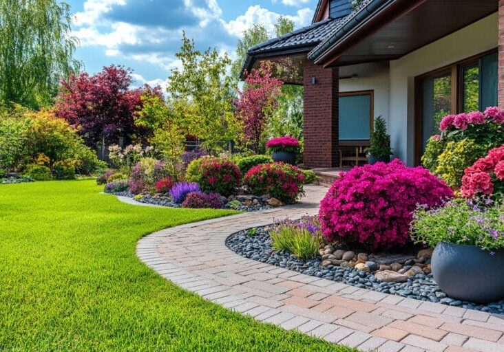Drought-tolerant landscaping with colorful plants and a custom stone walkway
