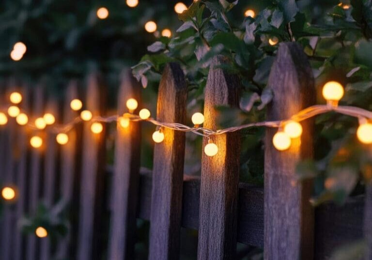 Warm globe string lights draped along a rustic wood picket fence with lush green foliage at dusk