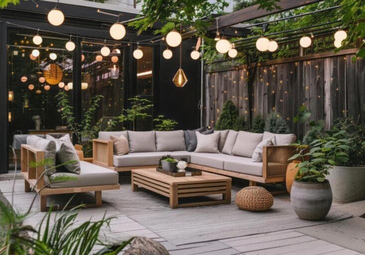 Modern outdoor living area with cozy patio seating and ambient lighting