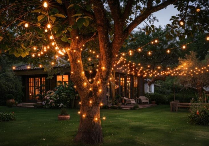 Garden lighting with warm string lights wrapped around backyard trees