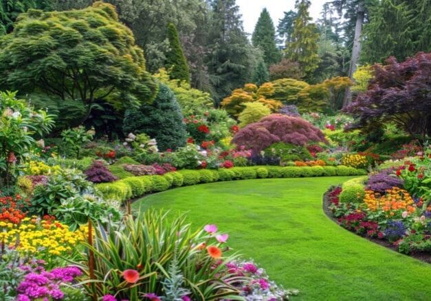 Beautiful garden landscape with colorful flowers and manicured green lawn