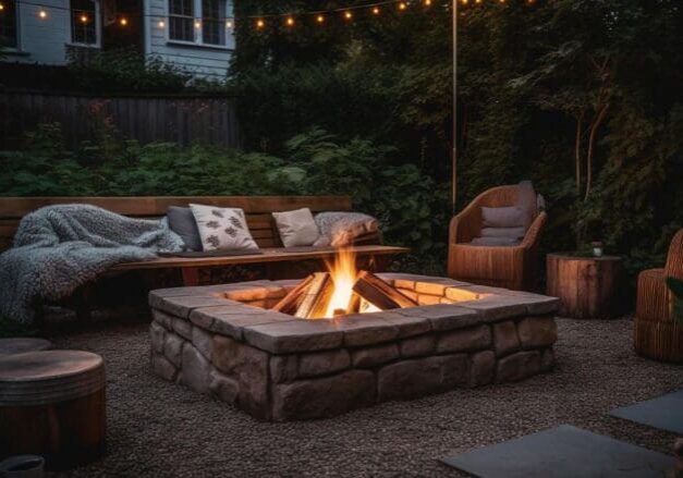 Custom stone fire pit with cozy outdoor seating, string lights, and lush garden surroundings at dusk