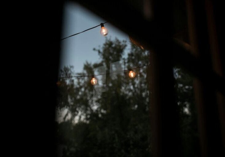 Outdoor string lights glowing at dusk against a twilight sky and silhouetted trees