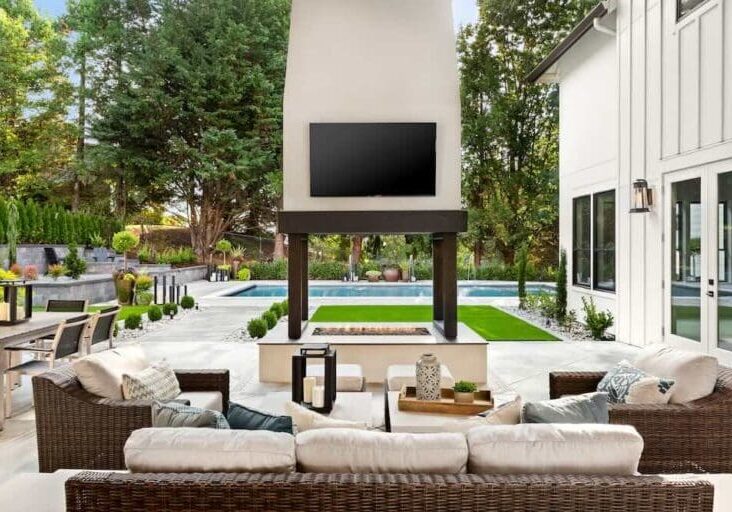 Outdoor fireplace, pool, in back yard of luxury home