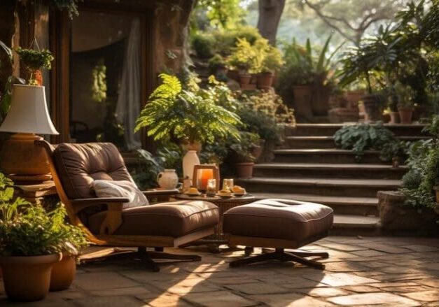 Sunlit garden patio with leather lounge chair, lush potted plants, and stone steps surrounded by greenery