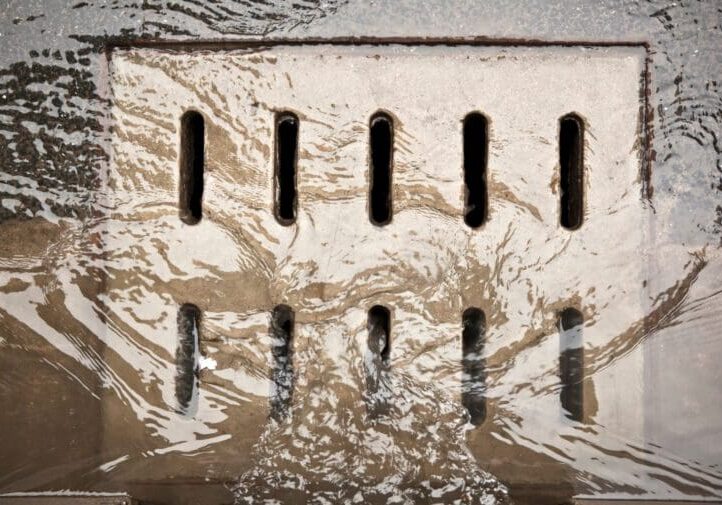 Close-up of a concrete drainage grate with water runoff representing outdoor yard drainage and water management solutions