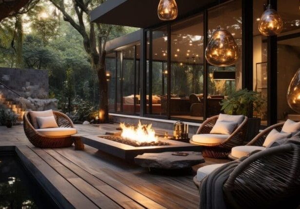 Luxury outdoor patio with fire pit, wicker seating, and pendant lighting at dusk