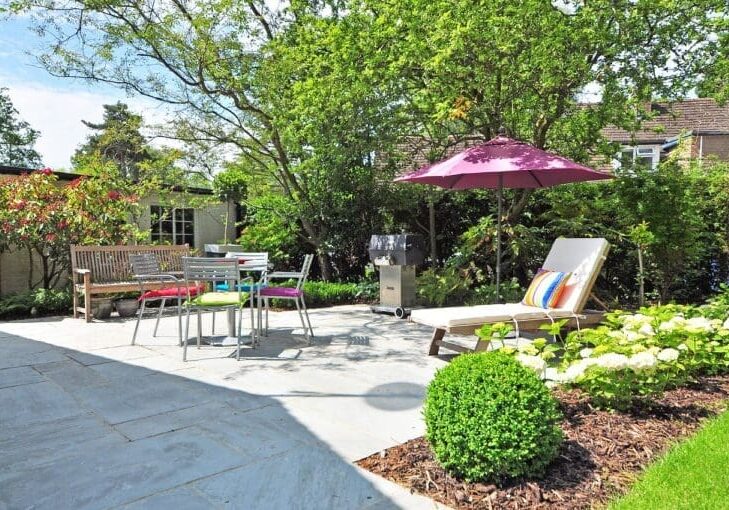 Small Small backyard patio with outdoor seating and landscaped garden design