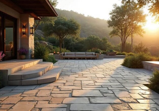 Natural stone patio with curved steps, lush landscaping, and hillside sunset views for a luxury outdoor space