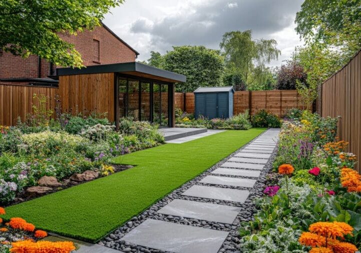 Vibrant backyard garden with stone paver pathway, artificial turf lawn, colorful flower borders, and modern wood garden studio