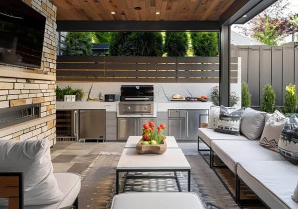Luxury outdoor living space showing how to plan a luxury outdoor living project with financing in mind, featuring a covered patio, outdoor kitchen, fireplace, and modern seating area.