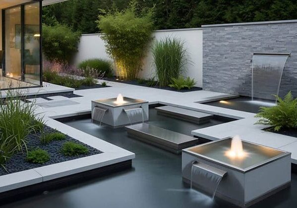 Luxury water feature design ideas featuring a modern backyard with sleek architectural water features, clean concrete surfaces, and integrated landscaping.