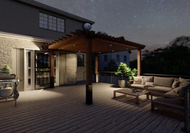 3D night rendering of an illuminated deck with wood pergola and outdoor lounge seating