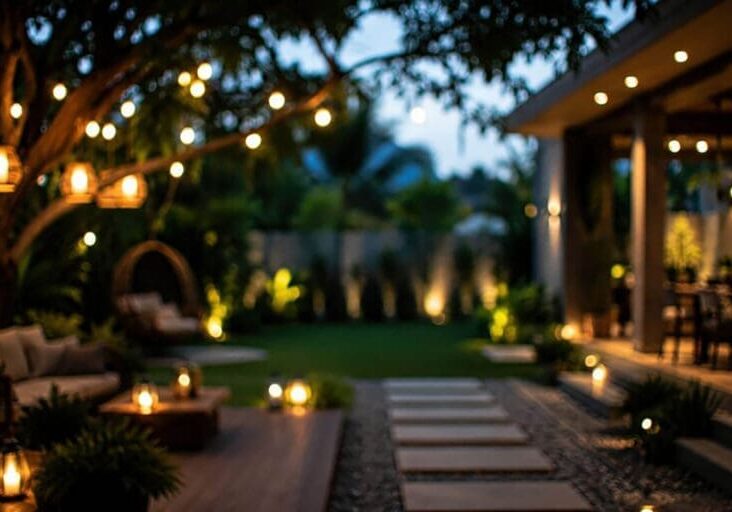 A luxury outdoor landscape at night showcasing layered outdoor lighting design ideas for luxury landscapes including string lights pathway lighting and uplighting