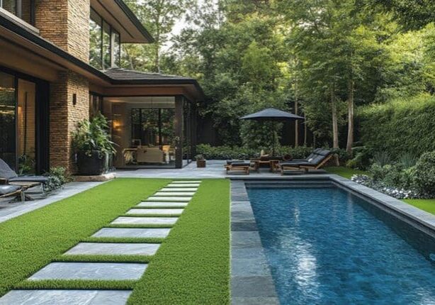 Luxury outdoor living space with linear pool and indoor-outdoor connection in Napa Valley