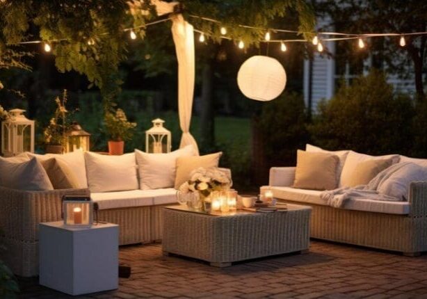 Cozy evening patio with white wicker furniture, string lights, paper lanterns, and candlelit coffee table