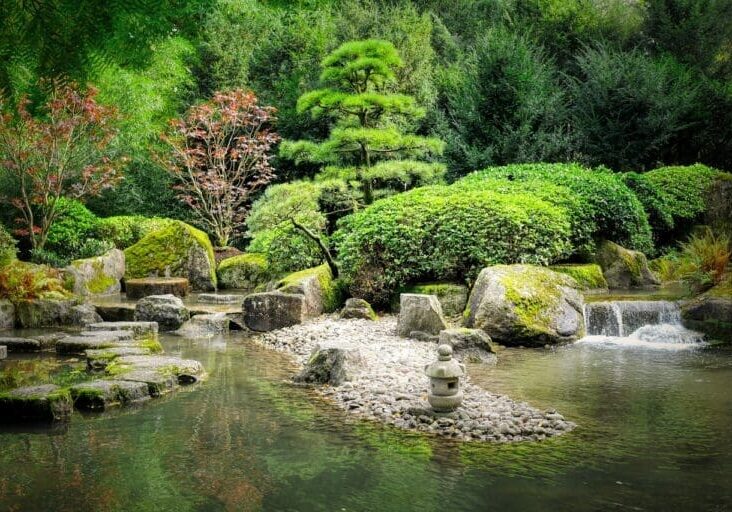 Serene Japanese zen garden with stone lantern, stepping stones, cascading waterfall, and sculpted evergreen shrubs